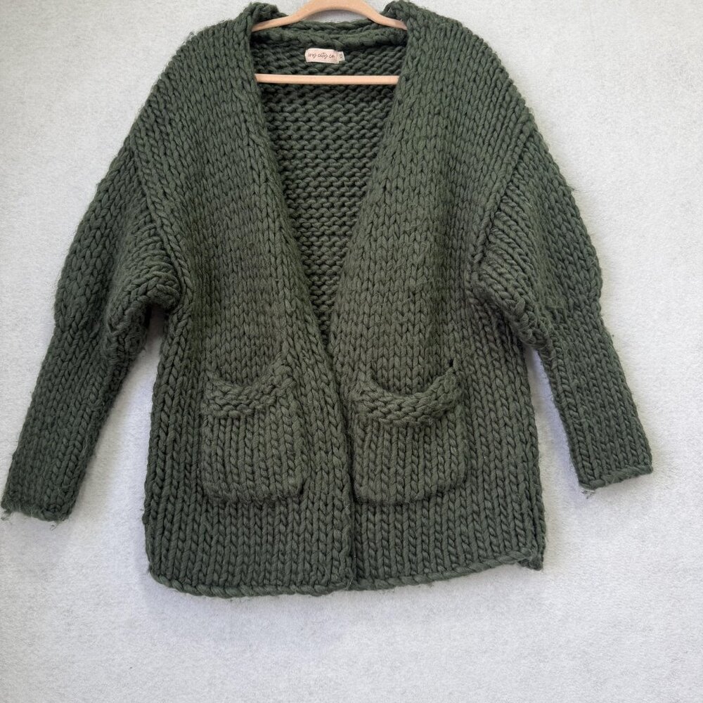 Ivy City Co Cardigan Sweater Womens XS Green Chunky Knit Open Front Pockets